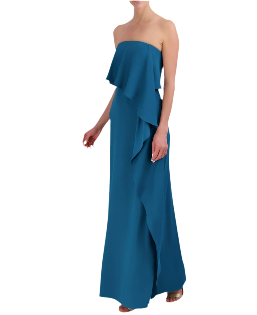 BCBGMAXAZRIA | STRAPLESS CASCADE RUFFLE EVENING DRESS