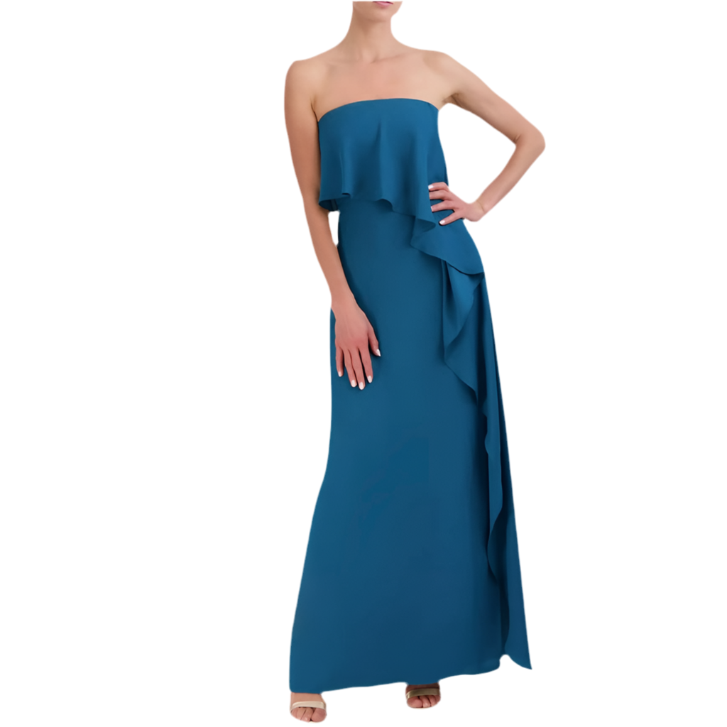 BCBGMAXAZRIA | STRAPLESS CASCADE RUFFLE EVENING DRESS