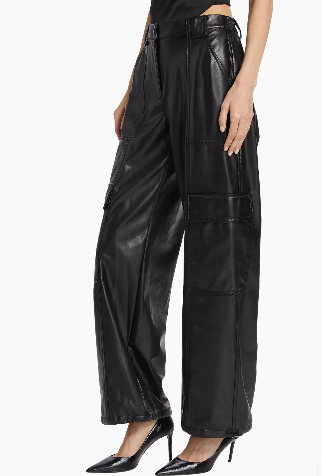 SIMKHAI | SOFIA VEGAN DRAWSTRING CARGO PANTS IN BLACK