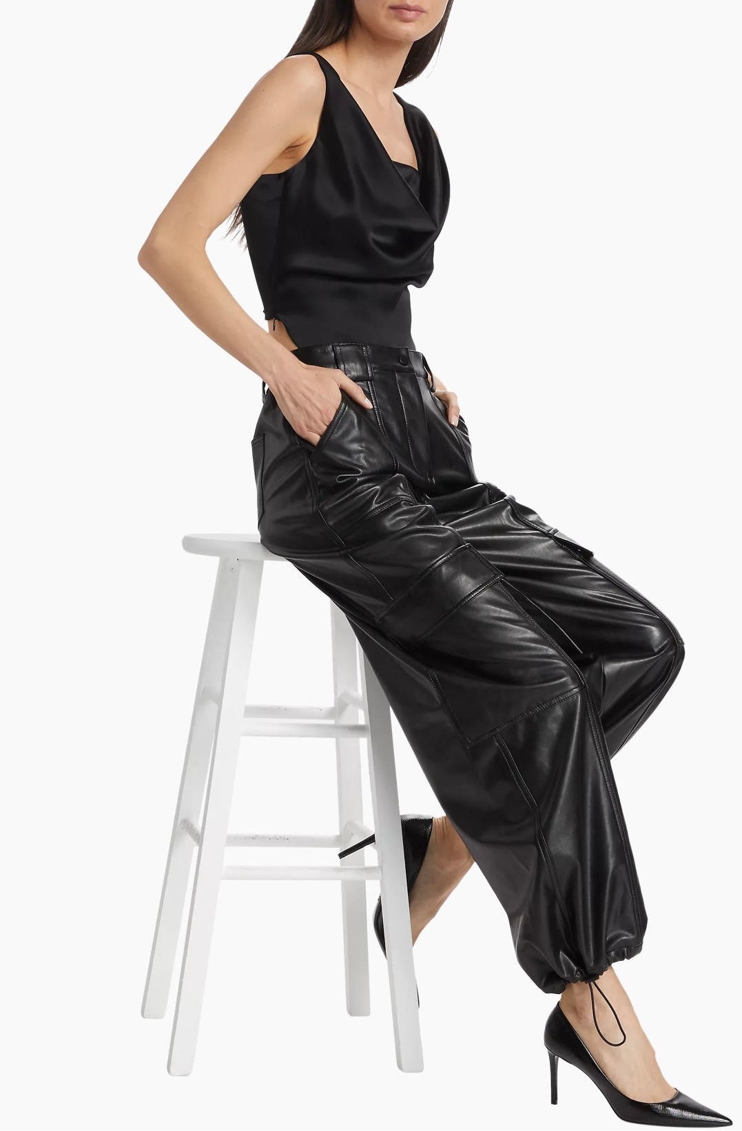 SIMKHAI | SOFIA VEGAN DRAWSTRING CARGO PANTS IN BLACK
