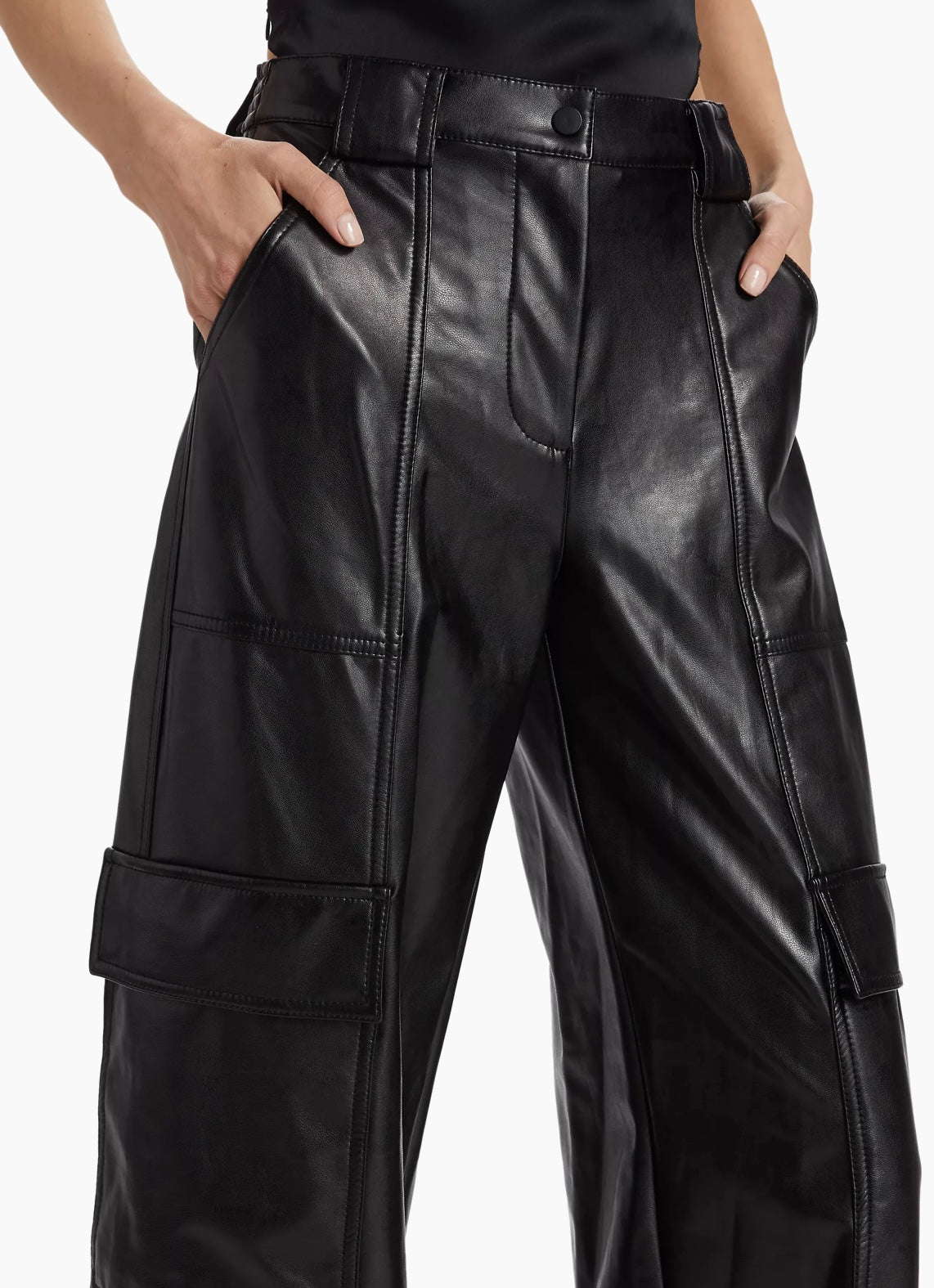 SIMKHAI | SOFIA VEGAN DRAWSTRING CARGO PANTS IN BLACK