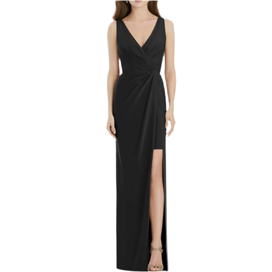 JENNY PACKHAM STYLE #1013  STRETCH CREPE PLEATED HIGH SLIT COLUMN GOWN 
